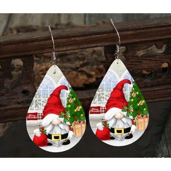 NWT Leather Santa Claus Gnome Christmas Teardrop Dangle Hook Earrings - Picture 1 of 3